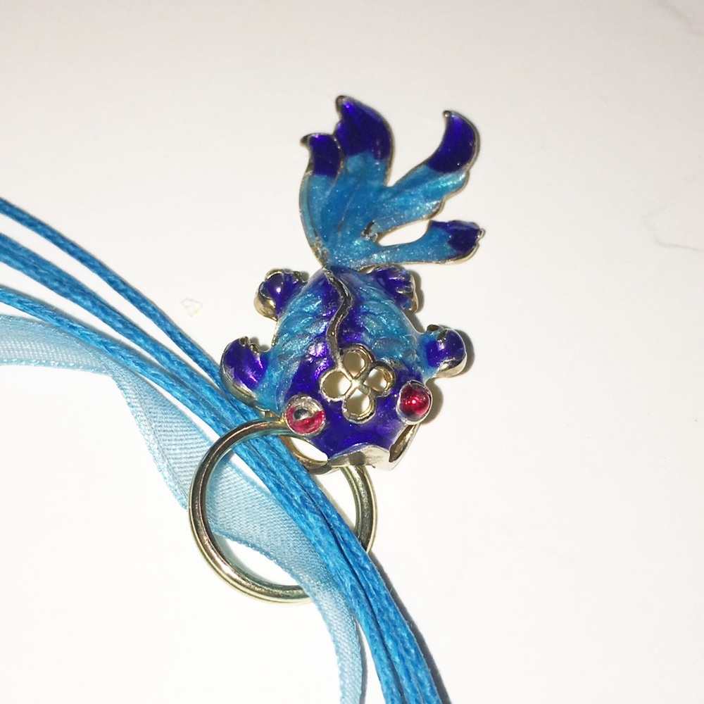 Gorgeous blue ribbons with cloisonné fish necklace